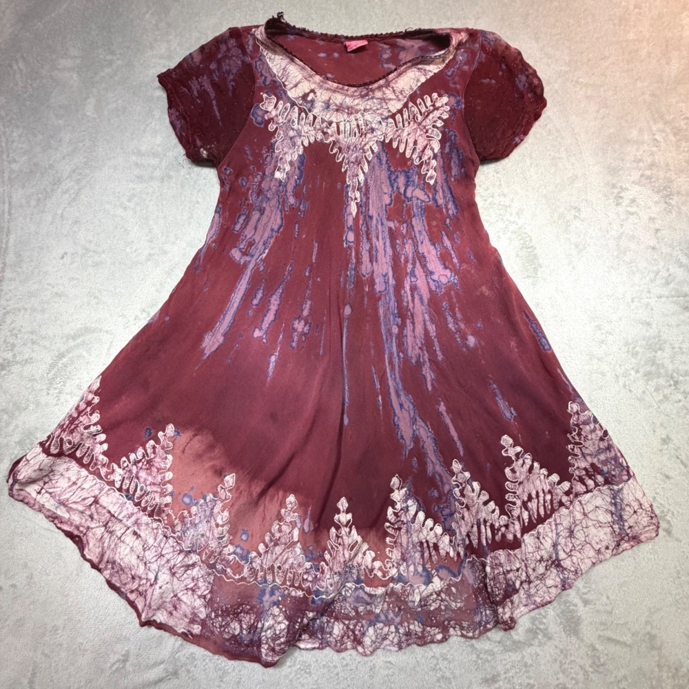 Vintage Fashion Terminal Boho Tie Dye Cotton Dress OS Burgundy‎ 90s Fairycore